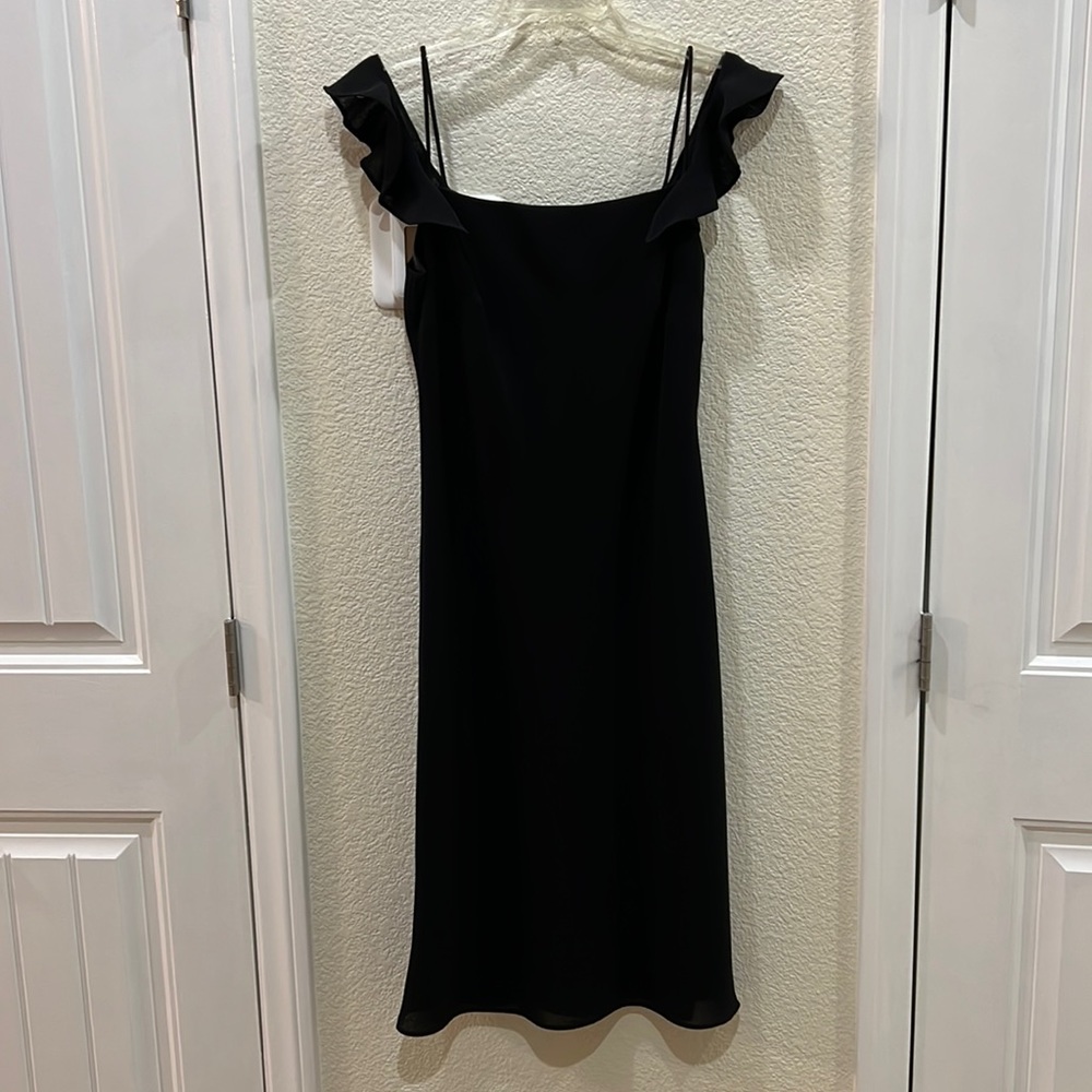 Trio New York Black Midi Shift Dress has Spaghetti Straps/Cold Shoulder Sleeves